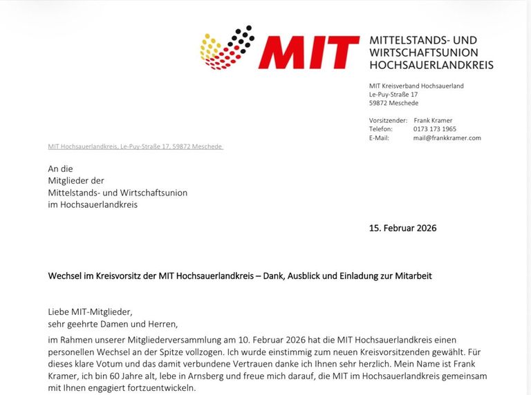 Wechsel im Kreisvorsitz der MIT Hochsauerland