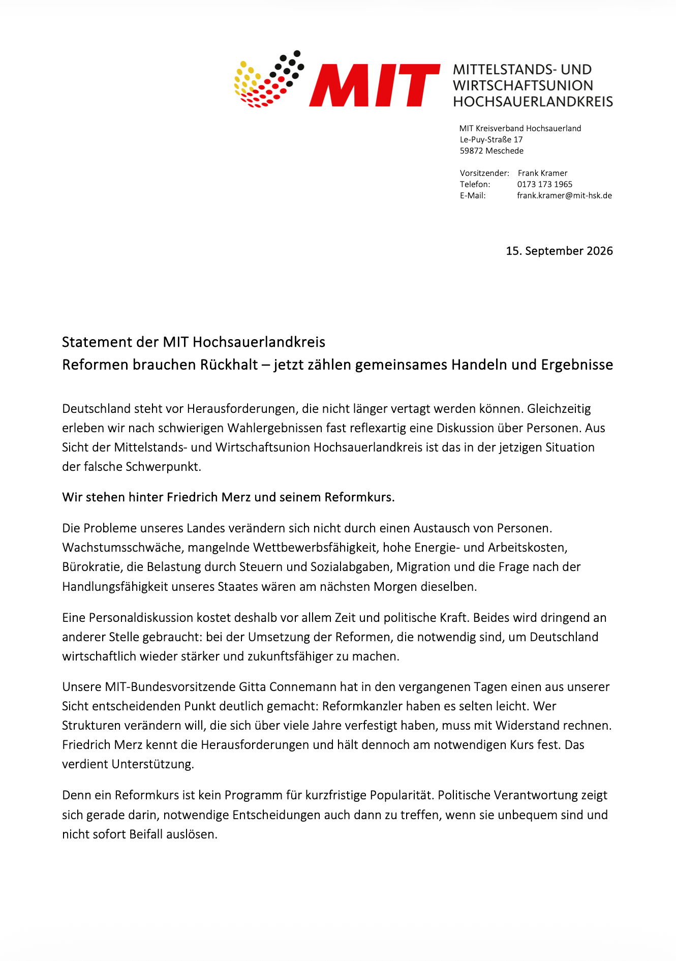 Presseerklärung der MIT Hausarztlandschaft zu Reformen in der Gesundheitsversorgung, 15. September 2026.