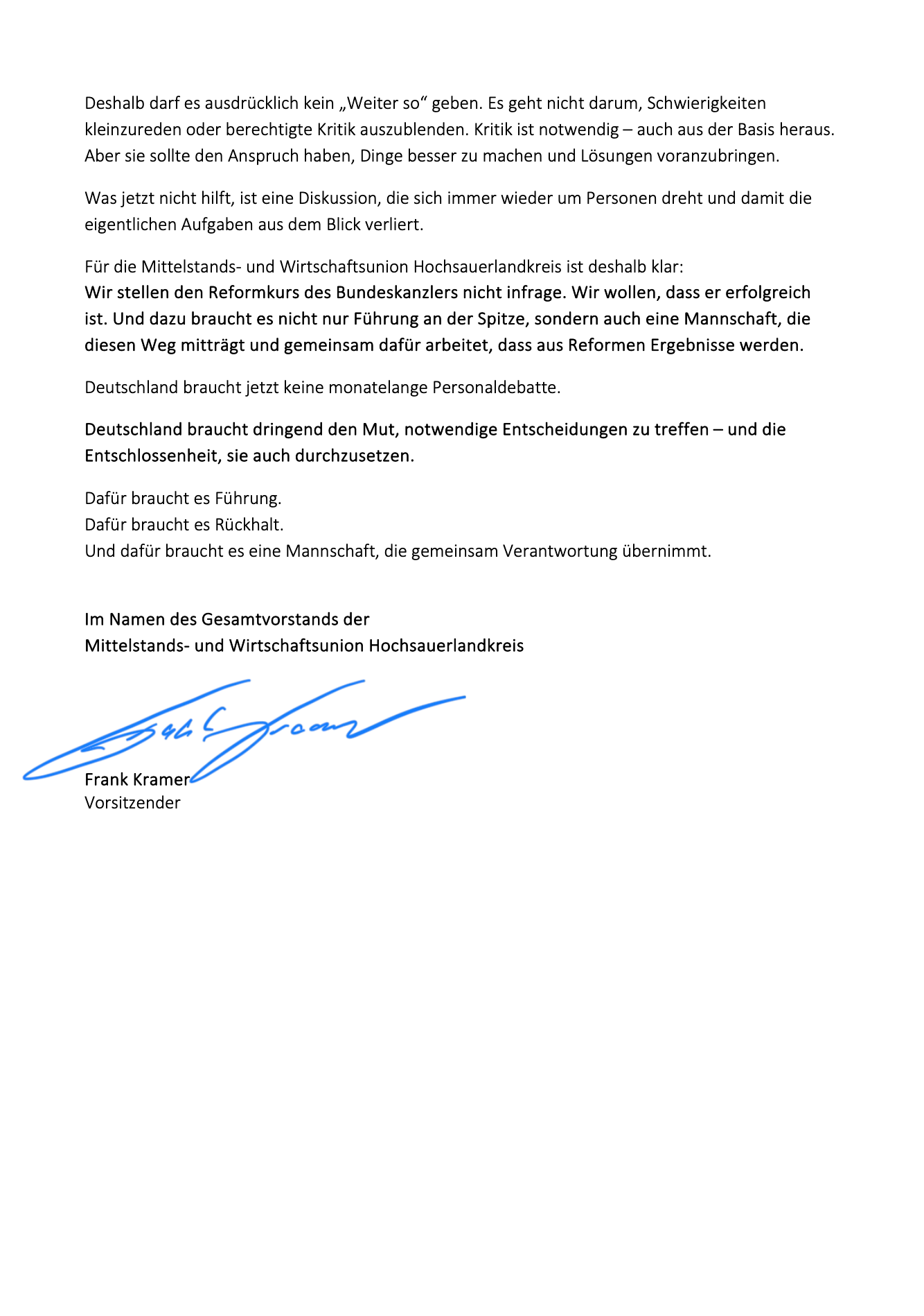 Unterschrift und Brieftext des Vorsitzenden der Mittelstands- und Wirtschaftsunion Hochsauerlandkreis.