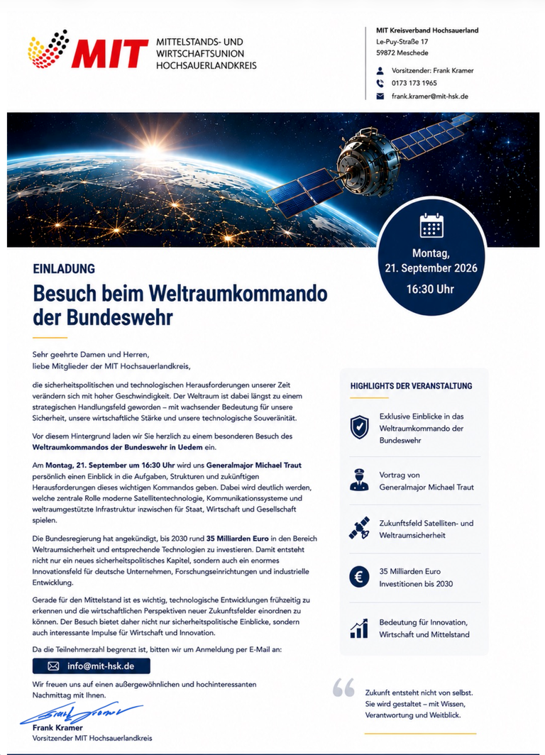 Einladung zur Veranstaltung: Besuch beim Weltraumkommando der Bundeswehr am 21. September 2016 in Uedem.