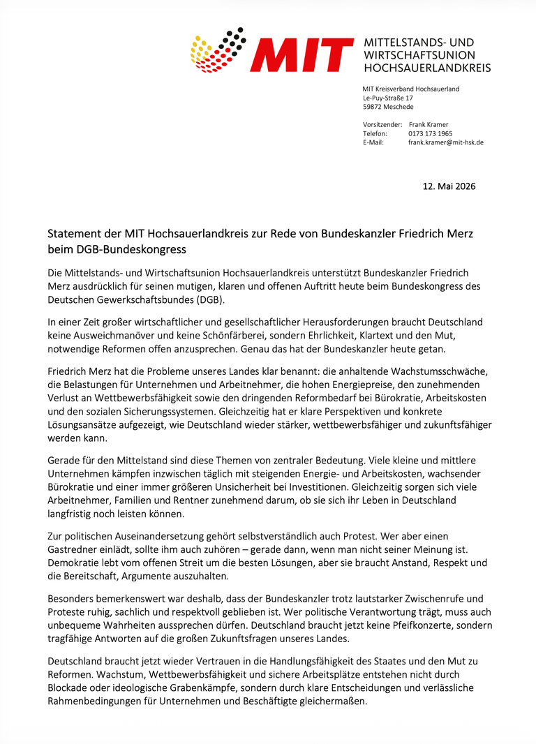 Statement der MIT Hochsauerlandkreis zur Rede von Bundeskanzler Friedrich Merz beim DGB-Bundeskongress