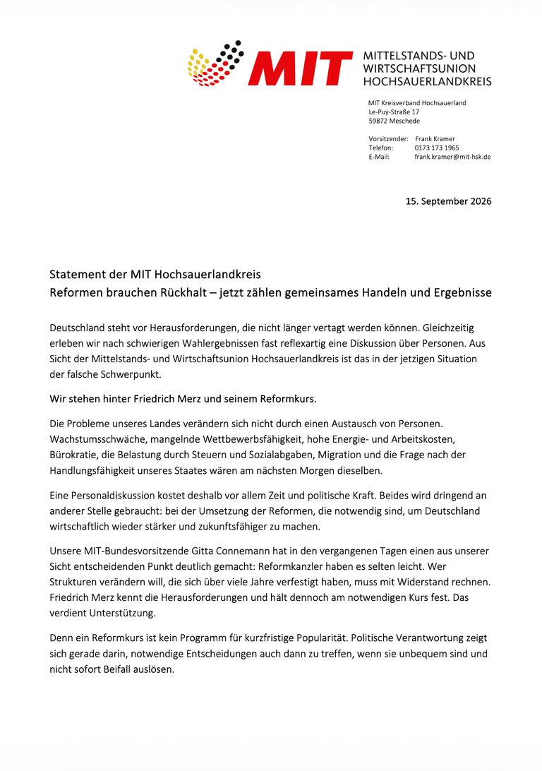 Presseerklärung der MIT Hausarztlandschaft zu Reformen in der Gesundheitsversorgung, 15. September 2026.