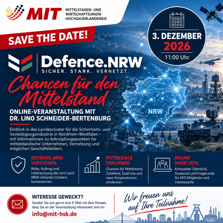 Plakat zur Online-Veranstaltung „Chancen für den Mittelstand“ von Defence.NRW am 3. Dezember 2026 mit Dr. Lino Schneider-Bertenburg.